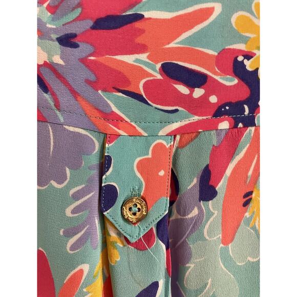 Lilly Pulitzer Trippin and Sippin Elsa Silk Popover Blouse Size M Pink Flowers - Picture 9 of 9